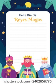 Reyes Magos Letter Template. Los Reyes Magos ( Translation - Three Wise Men ). Happy epiphany day. January 6. Nativity of Jesus. Cartoon Vector illustration letter Template design.