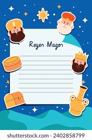 Reyes Magos Letter Template. Los Reyes Magos ( Translation - Three Wise Men ). Happy epiphany day. January 6. Nativity of Jesus. Cartoon Vector illustration letter Template design.