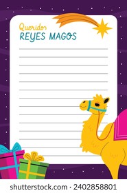 Reyes Magos Letter Template. Los Reyes Magos ( Translation - Three Wise Men ). Happy epiphany day. January 6. Nativity of Jesus. Cartoon Vector illustration letter Template design.