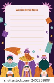 Reyes Magos Letter Template. Los Reyes Magos ( Translation - Three Wise Men ). Happy epiphany day. January 6. Nativity of Jesus. Cartoon Vector illustration letter Template design.