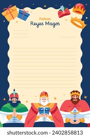 Reyes Magos Letter Template. Los Reyes Magos ( Translation - Three Wise Men ). Happy epiphany day. January 6. Nativity of Jesus. Cartoon Vector illustration letter Template design.