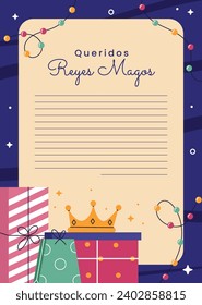 Reyes Magos Letter Template. Los Reyes Magos ( Translation - Three Wise Men ). Happy epiphany day. January 6. Nativity of Jesus. Cartoon Vector illustration letter Template design.