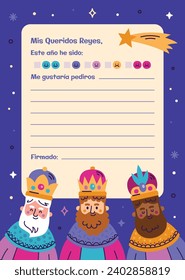 Reyes Magos Letter Template. Los Reyes Magos ( Translation - Three Wise Men ). Happy epiphany day. January 6. Nativity of Jesus. Cartoon Vector illustration letter Template design.