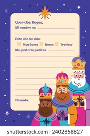 Reyes Magos Letter Template. Los Reyes Magos ( Translation - Three Wise Men ). Happy epiphany day. January 6. Nativity of Jesus. Cartoon Vector illustration letter Template design.