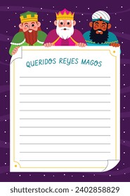 Reyes Magos Letter Template. Los Reyes Magos ( Translation - Three Wise Men ). Happy epiphany day. January 6. Nativity of Jesus. Cartoon Vector illustration letter Template design.