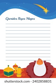 Reyes Magos Letter Template. Los Reyes Magos ( Translation - Three Wise Men ). Happy epiphany day. January 6. Nativity of Jesus. Cartoon Vector illustration letter Template design.