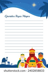 Reyes Magos Letter Template. Los Reyes Magos ( Translation - Three Wise Men ). Happy epiphany day. January 6. Nativity of Jesus. Cartoon Vector illustration letter Template design.