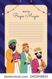 Reyes Magos Letter Template. Los Reyes Magos ( Translation - Three Wise Men ). Happy epiphany day. January 6. Nativity of Jesus. Cartoon Vector illustration letter Template design.