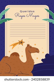 Reyes Magos Letter Template. Los Reyes Magos ( Translation - Three Wise Men ). Happy epiphany day. January 6. Nativity of Jesus. Cartoon Vector illustration letter Template design.