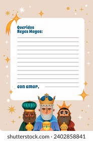 Reyes Magos Letter Template. Los Reyes Magos ( Translation - Three Wise Men ). Happy epiphany day. January 6. Nativity of Jesus. Cartoon Vector illustration letter Template design.