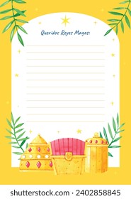 Reyes Magos Letter Template. Los Reyes Magos ( Translation - Three Wise Men ). Happy epiphany day. January 6. Nativity of Jesus. Cartoon Vector illustration letter Template design.