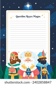 Reyes Magos Letter Template. Los Reyes Magos ( Translation - Three Wise Men ). Happy epiphany day. January 6. Nativity of Jesus. Cartoon Vector illustration letter Template design.