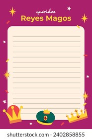 Reyes Magos Letter Template. Los Reyes Magos ( Translation - Three Wise Men ). Happy epiphany day. January 6. Nativity of Jesus. Cartoon Vector illustration letter Template design.