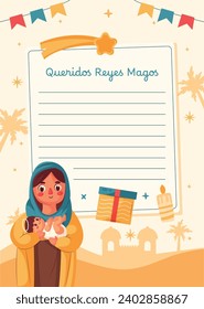 Reyes Magos Letter Template. Los Reyes Magos ( Translation - Three Wise Men ). Happy epiphany day. January 6. Nativity of Jesus. Cartoon Vector illustration letter Template design.