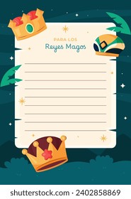 Reyes Magos Letter Template. Los Reyes Magos ( Translation - Three Wise Men ). Happy epiphany day. January 6. Nativity of Jesus. Cartoon Vector illustration letter Template design.