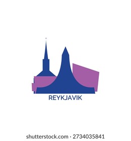 Reykavik cityscape, skyline, panoramic vector logo, icon, clipart. Iceland city emblem contour with landmarks and buildings silhouettes