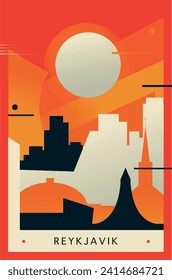 Reykjavik city brutalism poster with abstract skyline, cityscape retro vector illustration. Iceland capital travel front cover, brochure, flyer, leaflet, business presentation template image