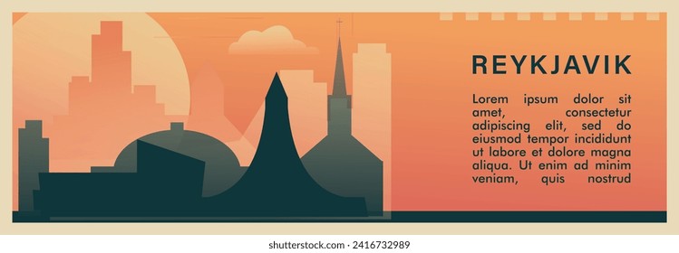 Reykjavik city brutalism vector banner with skyline, cityscape. Iceland capital retro horizontal illustration, travel layout for web presentation, header, footer