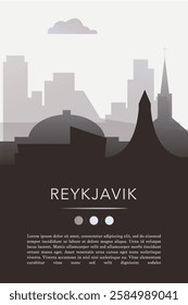 Reykjavik city template for website, presentation, front page, invitation, publication sheet with skyline, landmarks. Vector Iceland image layout, simple and grayscale