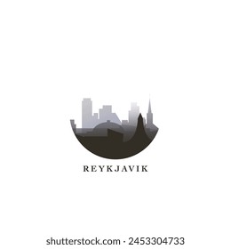 Reykjavik cityscape, gradient vector badge, flat skyline logo, icon. Iceland capital city round emblem idea with landmarks and building silhouettes. Isolated graphic