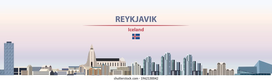 Reykjavik cityscape on sunset sky background vector illustration with country and city name and with flag of Iceland