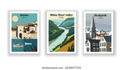 Reikiavik, Islandia. Valle del río Rin. Rodas, Grecia - Set de 3 Carteles de Viajes Vintage. Ilustración vectorial. Impresiones de alta calidad