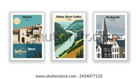 Reykjavik, Iceland. Rhine River Valley. Rhodes, Greece - Set of 3 Vintage Travel Posters. Vector illustration. High Quality Prints