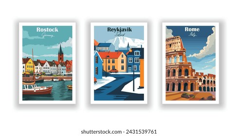 Reikiavik, Islandia. Roma, Italia. Rostock, Alemania - Set de 3 Carteles de Viaje Vintage. Ilustración vectorial. Impresiones de alta calidad