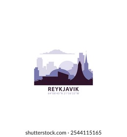 Reykjavik logo with skyline, cityscape retro vector icon. Iceland city horizon, facade, travel logotype