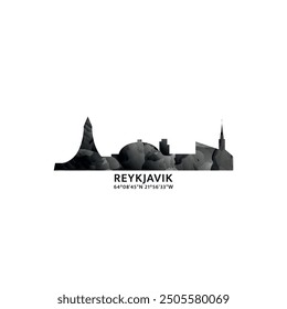 Reykjavik panorama, vector badge, skyline logo and icon. Iceland capital city horizon logotype with landmarks and building silhouettes. Isolated foggy abstract gradient graphic