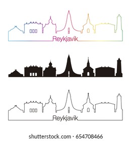 Reykjavik skyline linear style with rainbow in editable vector file