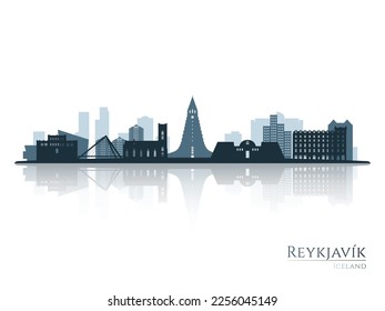 Reykjavik skyline silhouette with reflection. Landscape Reykjavik, Iceland. Vector illustration.
