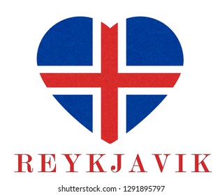 Reykjavik, textured background of Iceland flag in heart. Isolated Icelandic banner with scratched texture, grunge. Flat style, vector illustration with noise, marble backdrop.