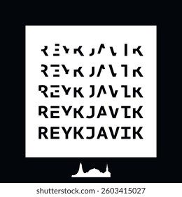 Reykjavik typography minimalist vector image for sticker, logo, icon layout. Square shape print image template with text, black and white for Iceland city