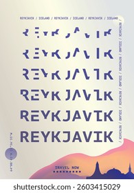 Reykjavik typography minimalist vector poster layout. Brochure, leaflet, flyer, advertising image template with text, multicolors for Iceland city. Event, festival, cover graphic