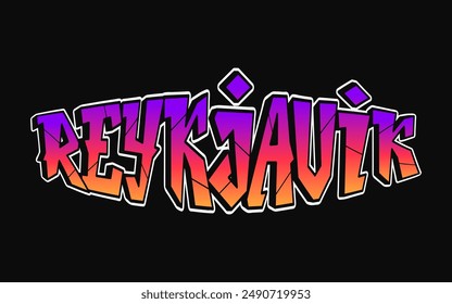 Reykjavik word trippy psychedelic graffiti style letters.Vector hand drawn doodle cartoon logo Reykjavik illustration. Funny cool trippy letters, fashion, graffiti style print for t-shirt, poster