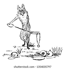 Reynard The Fox: Finding The Treasure This Scene Shows Fox Finds Buried Treasure Of The King Fox Holding Necklace With Pitchfork Crown On Ground Vintage Line Drawing Or Engraving Illustration