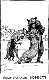 Reynard The Fox: Helping Isegrim This Scene Shows Bear Holding Injured Wolf And Cat Giving Water To Wolf In Glass Cat Holding Water Jar And Other Animals In Background Vintage Line Drawing