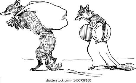 Reynard the Fox: Stealing the Treasure this scene shows the fox carrying bag on back and walking another fox in human dress carrying plates and walking behind him vintage line drawing or engraving