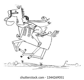 Reynard the Fox: Story of Cramparts Horse this scene shows a man riding on wooden horse and horse flying in the air vintage line drawing or engraving illustration