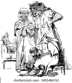 Reynard the Fox: Taking Isegrims Shoes this scene shows monkey fitting shoes in leg of Fox who sitting on chair two lions in king and queen dresses looking at them another fox sitting behind them