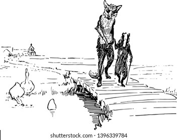 Reynard the Fox: Walking with Grimbard this scene shows the fox holding book and the badger walking together on bridge and birds in the water vintage line drawing or engraving illustration