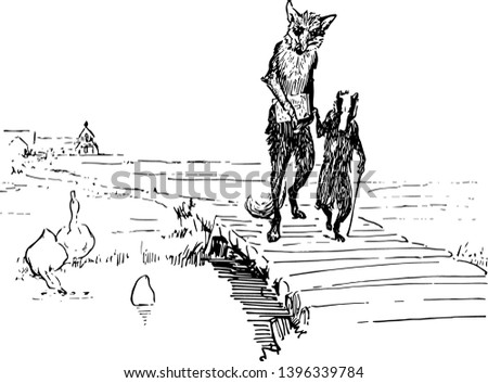 Reynard the Fox: Walking with Grimbard this scene shows the fox holding book and the badger walking together on bridge and birds in the water vintage line drawing or engraving illustration