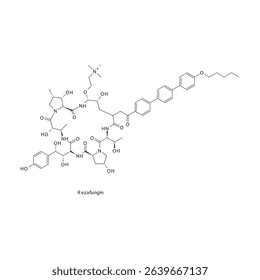 Rezafungin chemical structure skeletal formula. Echinocandin antifungal drug used to treat Candidemia and invasive candidiasis. Simple schematic illustration.
