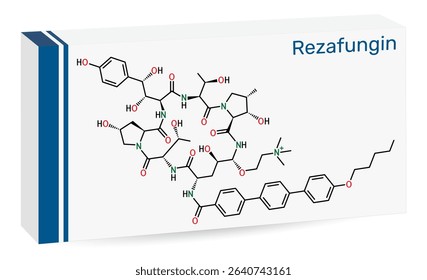 Rezafungin molecule. Antifungal cyclic lipopeptide from echinocandin class. Skeletal chemical formula. Paper packaging for drugs. Vector illustration