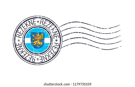 Rezekne city grunge postal rubber stamp and flag on white background