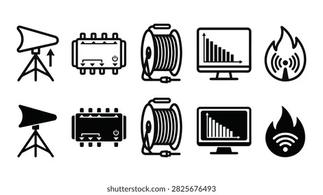 RF Antenna Line and Solid Icon Pack For Telecom | Distribution, Signal Amplifier, Cable, Spectrum and Radio - Minimal and Editable Vector Icons.