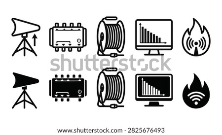 RF Antenna Line and Solid Icon Pack For Telecom | Distribution, Signal Amplifier, Cable, Spectrum and Radio - Minimal and Editable Vector Icons.