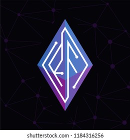 RF Initial letter block chain logo icon vector template. Looping mono line circuit letter on rhombus cube logo