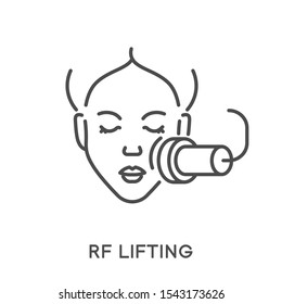 RF lifting on woman face, face fat reduction, isolated outline icon vector. Facial skin treatment and rejuvenation, beauty tool or appliance line symbol. Massaging procedure, cheek and chin correction